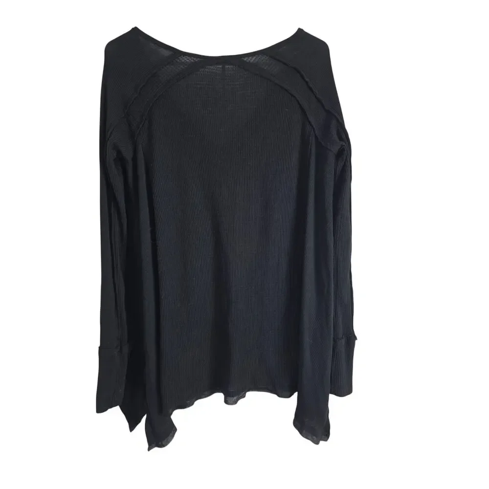 Free People Ribbed Long Sleeve Shirt S Womens Black Pullover Basic Stretchy - Picture 5 of 5
